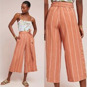 Anthropologie Portia Linen Wide Leg Stripe Pants Belted Burnt Orange